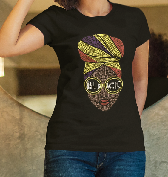 Black Head Wrap Rhinestone V-Neck T-Shirt